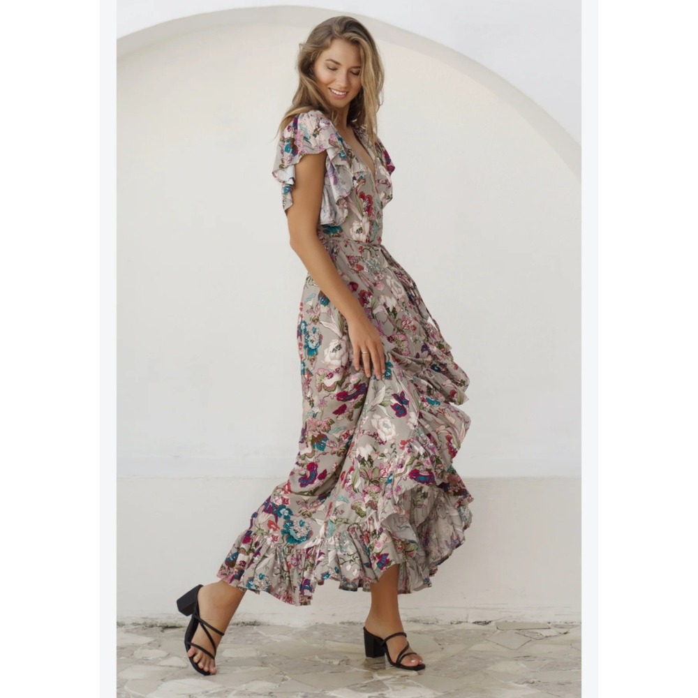 ELF Carmen Floral Ruffled Wrap Maxi Dress XXL Colorful Boho Flutter Sleeve Bali